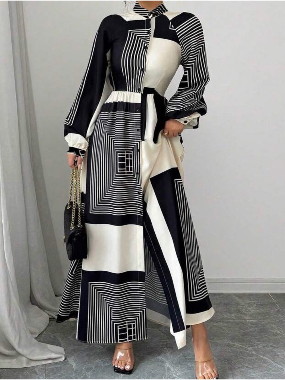 Black & White Geometric Maxi Dress - Elegant Long Sleeve Shirt Dress